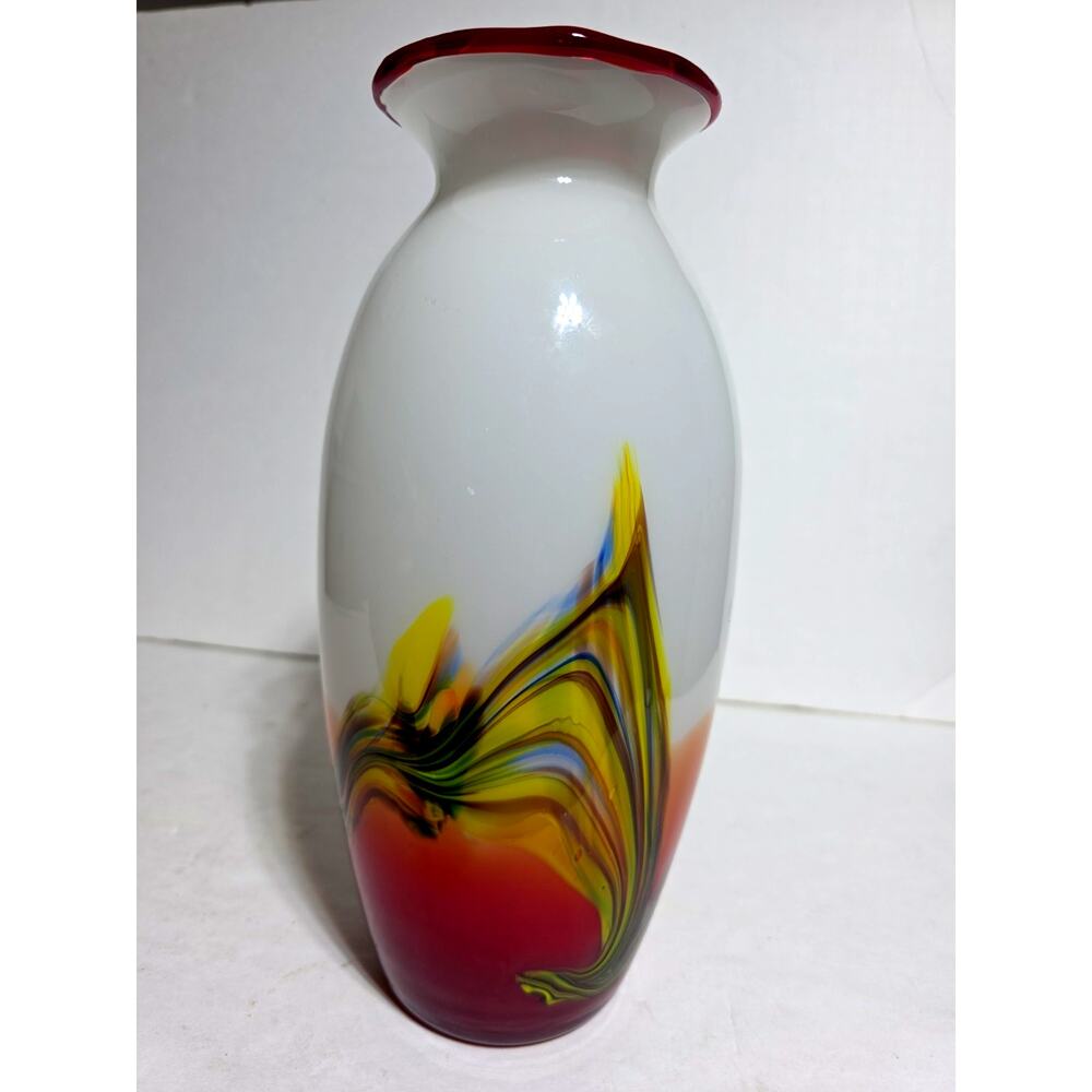 Vintage Murano Style Handblown Glass 10" White Red Yellow Blue Feathered Italy